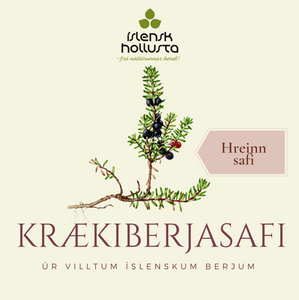 Krækiberjasafi / Crowberry juice Innihald: kaldpressuð krækiber (hrásafi, engin aukaefni)
